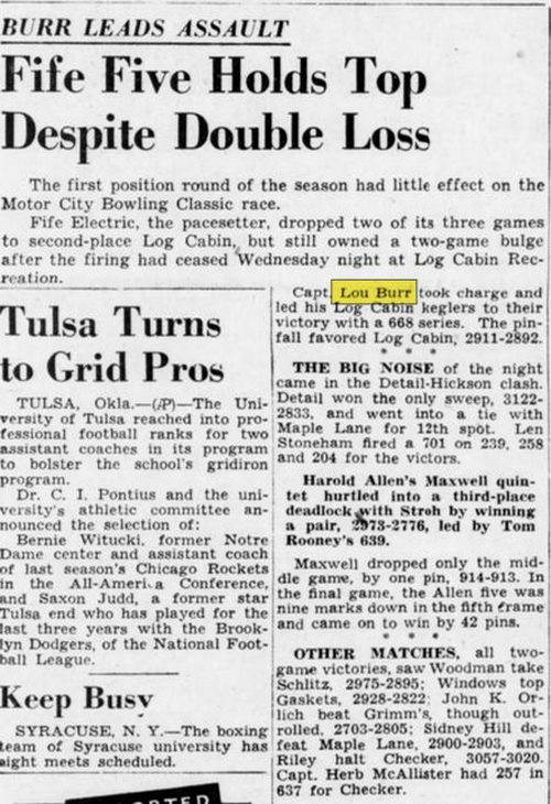 Log Cabin Bowling Lanes - Dec 30 1948 Article On Lou Burr